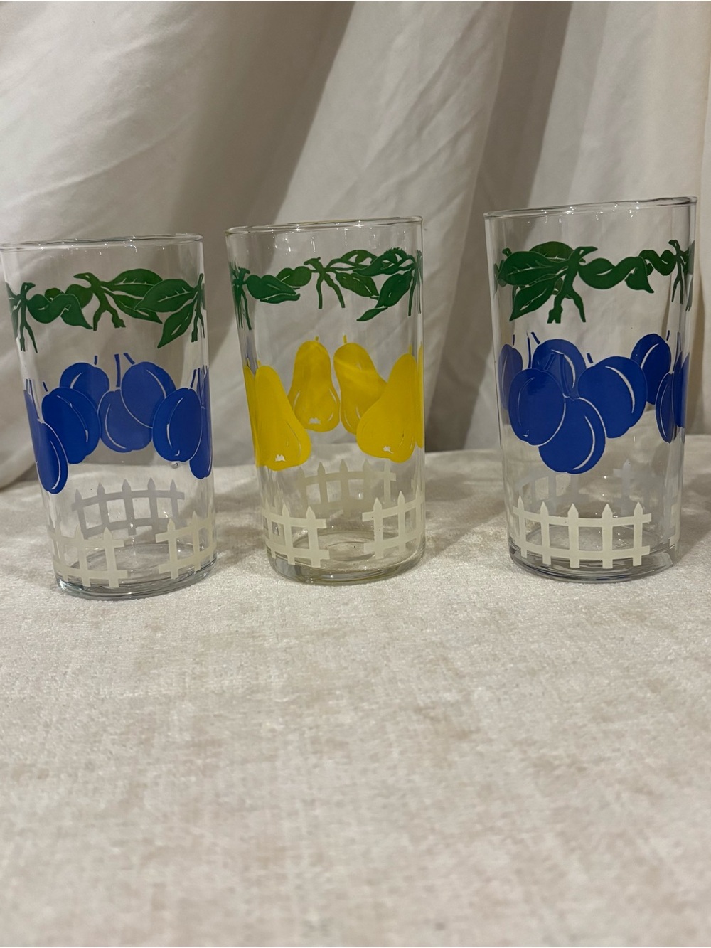 Vintage Fruit Printed Glass Tumblers - Blue Plums & Yellow Pears